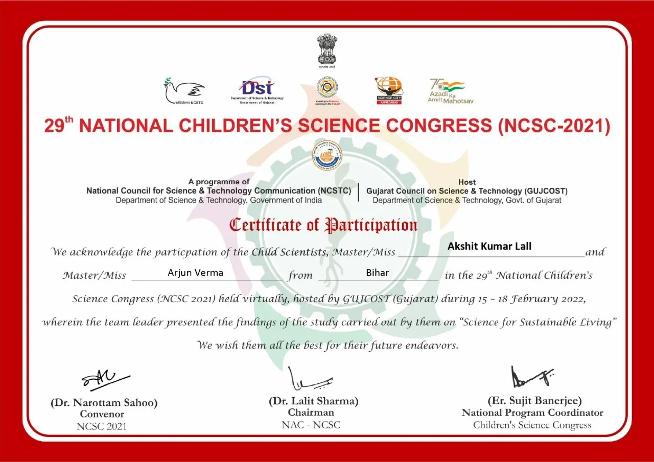 National Science Congress certificate